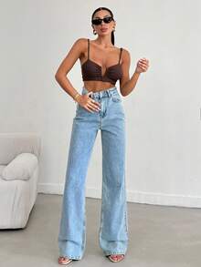 SHEIN Quần jeans nữ dáng suông, chất liệu 100% cotton, màu xanh denim bạc màu, có túi. - Rửa trung bình - Xem 3