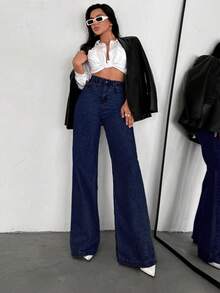 EURMUSE Women's Jeans SHEIN PETITE HIGH WAIST WIDE LEG DENIM JEANS Cowgirl Outfit 2000s Style - Dark Wash - View 5