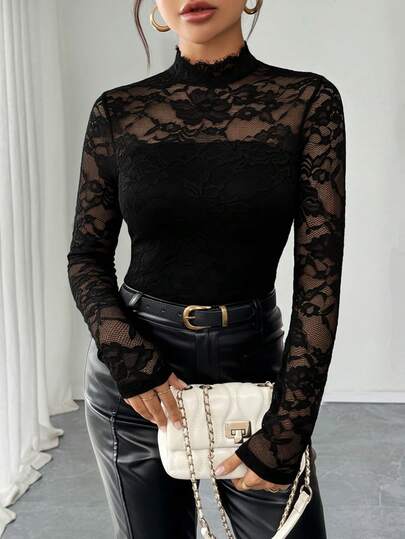 Rafferiza Women's Elegant Solid Color Lace Collar Long Sleeve T-Shirt