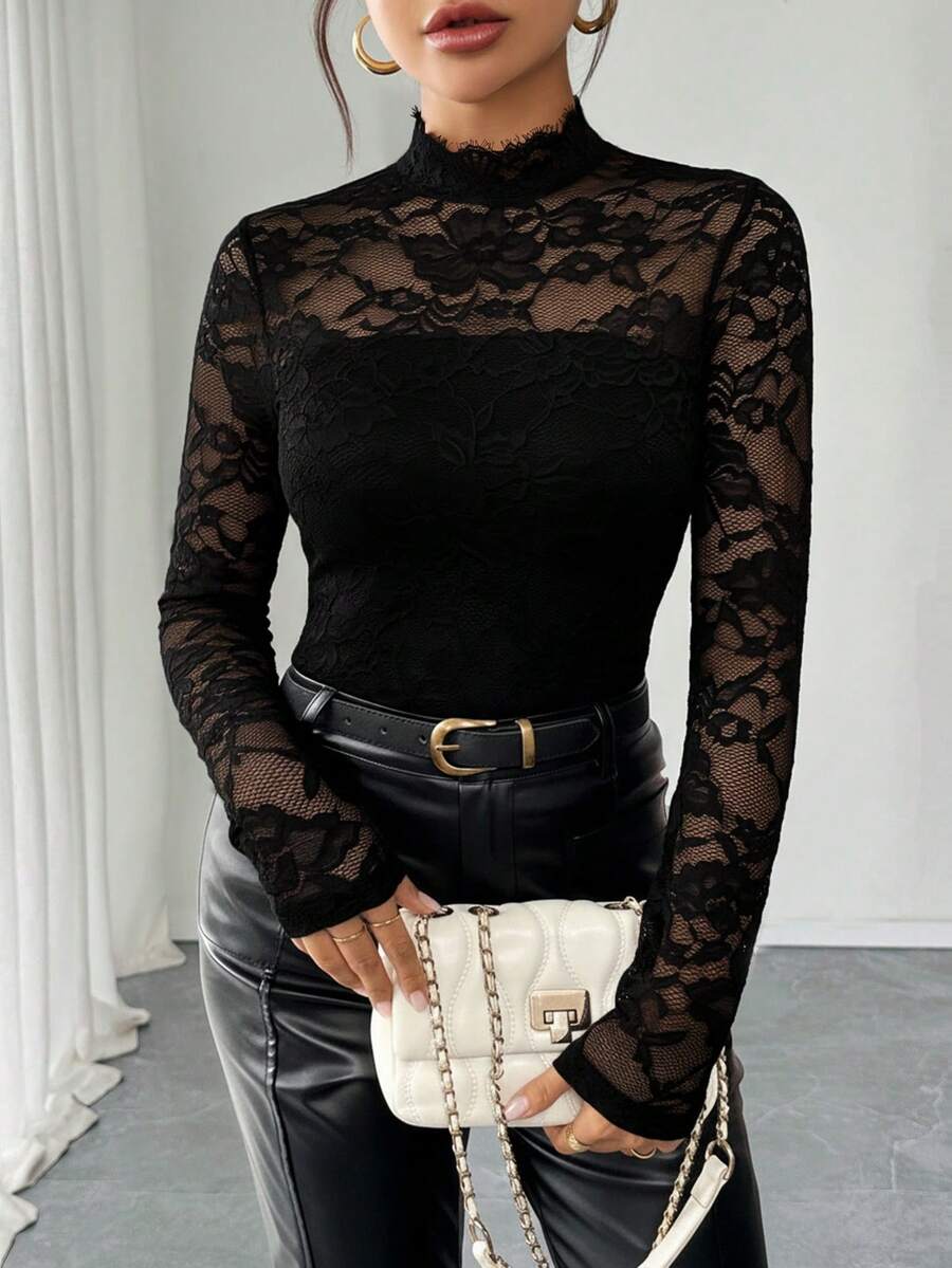 Rafferiza Women's Elegant Solid Color Lace Collar Long Sleeve T-Shirt - Black - View 1
