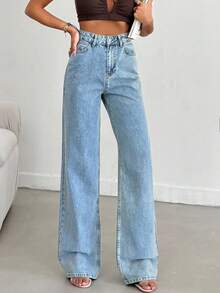 SHEIN Quần jeans nữ dáng suông, chất liệu 100% cotton, màu xanh denim bạc màu, có túi. - Rửa trung bình - Xem 1