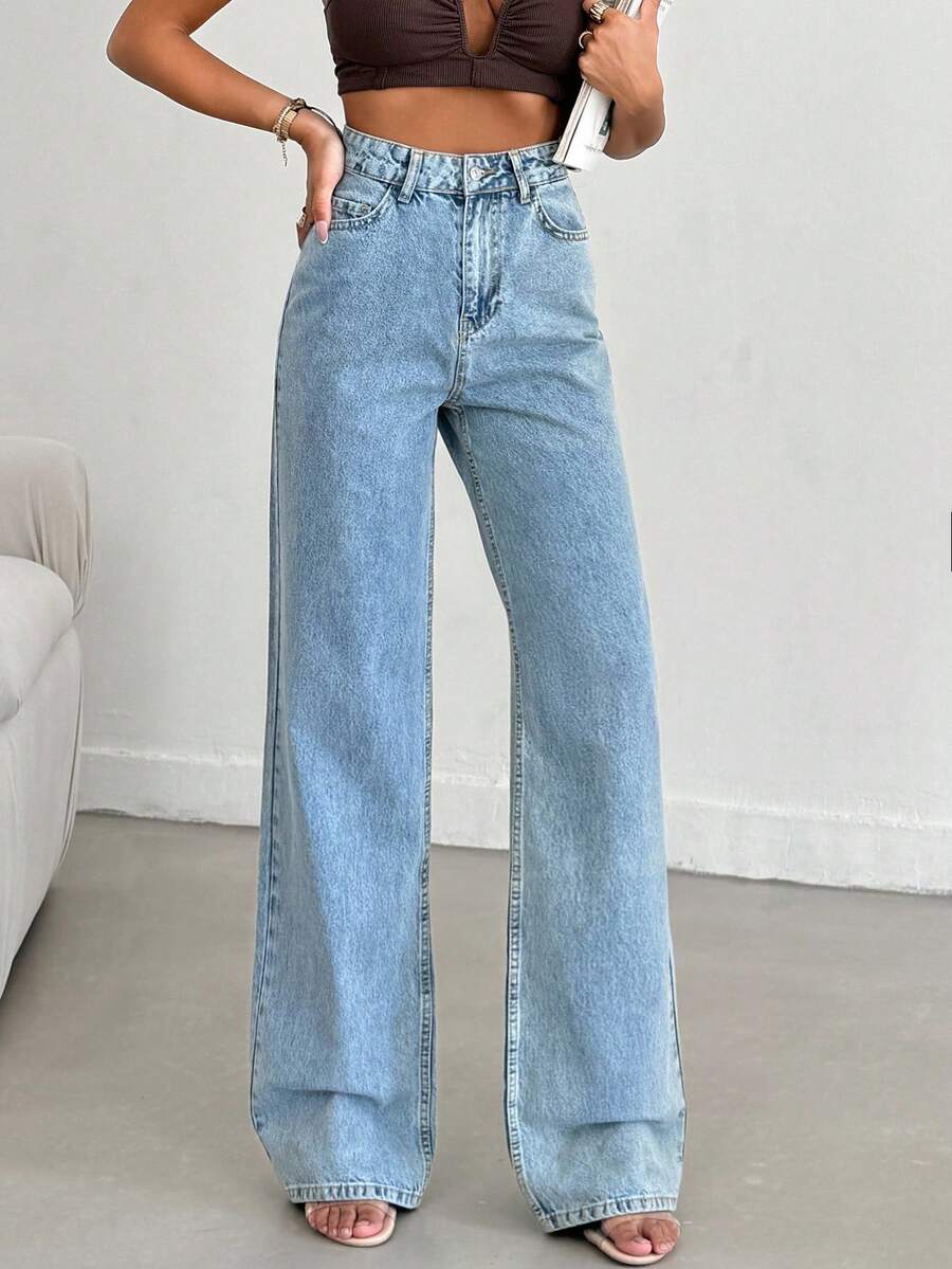SHEIN Quần jeans nữ dáng suông, chất liệu 100% cotton, màu xanh denim bạc màu, có túi. - Rửa trung bình - Xem 1
