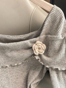 GlowEve Women's Square Neck Handmade 3D Floral Ruffle Hem Long Sleeve Asymmetrical Hem Elegant Casual Commute Blouse, Autumn/Winter/Spring