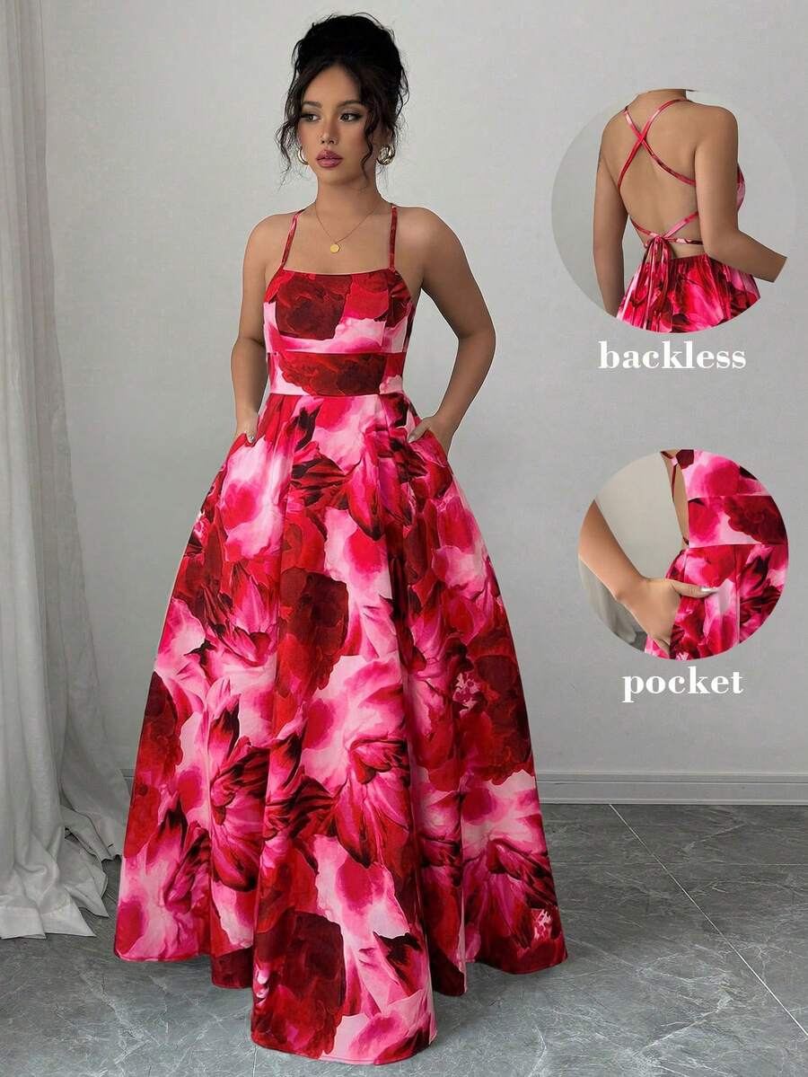 Elenzga Damen Kleid mit Tintendruck und Kreuzgurten - Rot - Übersicht 1