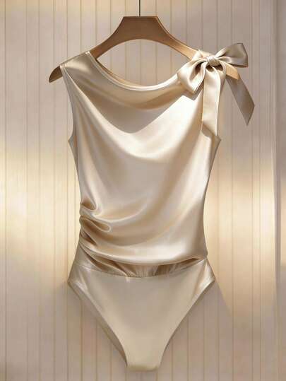 GlowEve Women's Solid Color Satin Waist Ruched Bow Tie Bodysuit
