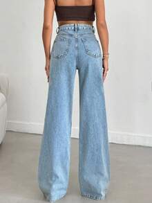 SHEIN Quần jeans nữ dáng suông, chất liệu 100% cotton, màu xanh denim bạc màu, có túi. - Rửa trung bình - Xem 2