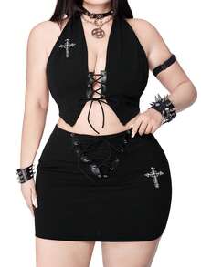 Whyspr Plus Size Sexy Spaghetti Strap Tie Strap Rhinestone Cross Decor Bodycon Mini Skirt 2 Pieces Set, Spring/Summer - Black - View 4