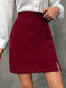 SHEIN Cottnline Women's Solid Color Split Design Fashionable Versatile Date Night/Outing Mini Skirt - Burgundy - View 5