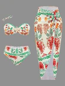 Swim Oasis 2026新款女士夏季沙滩爆款印花抹胸海星装饰褶皱露背吊带泳衣三件套 - 彩色 - 查看 1