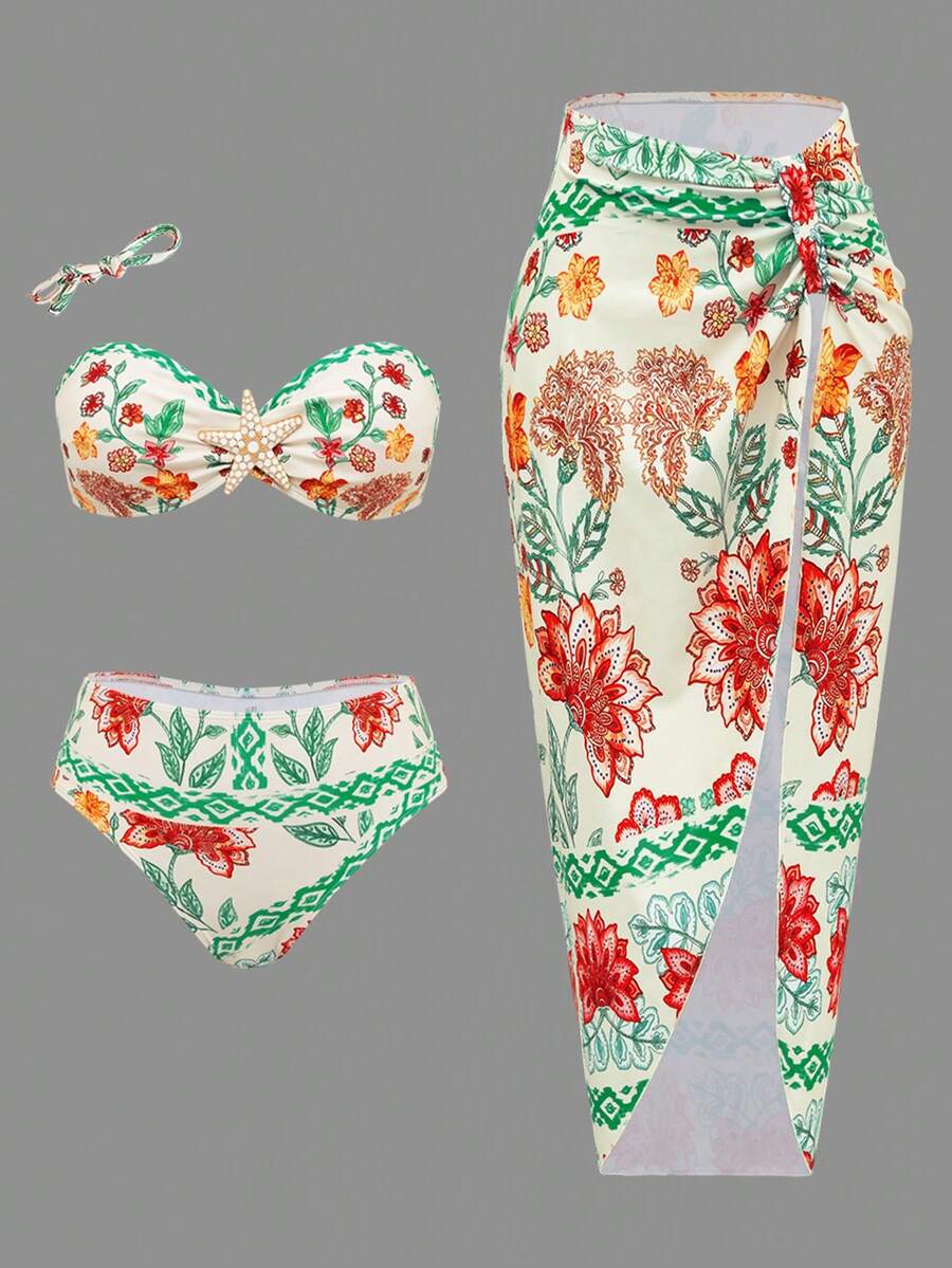 Swim Oasis 2026新款女士夏季沙滩爆款印花抹胸海星装饰褶皱露背吊带泳衣三件套 - 彩色 - 查看 1