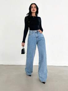Women's Casual Washed High Waist Wide Leg Jeans Jeans Wide Leg Pants Jean Loose Jeans - Medium Wash - View 4
