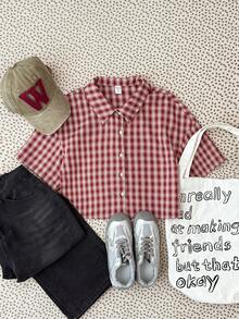 SHEIN 少女格子领单排扣休闲百搭日常通勤返校短袖衬衫 - 紅色 - 查看 3