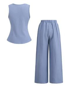 SHEIN Tween Girl Casual Elegant Commute Street Fashion Jacquard Striped Button Front Sleeveless Vest Top And Straight Leg Pants Set - Blue - View 2