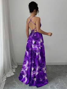 Elenzga Đầm dài nữ in họa tiết mực, thắt dây chéo - Màu tím - Xem 2