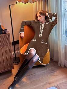 Pariaura Women's Elegant Ribbed Trim Half-Button Ruffle Sleeve Fitted Sweater Dress, Autumn/Winter - Coffee Brown - View 4