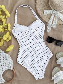 SHEIN 少女波点露背褶皱蝴蝶结装饰时尚度假沙滩连体泳衣 - 白色 - 查看 9