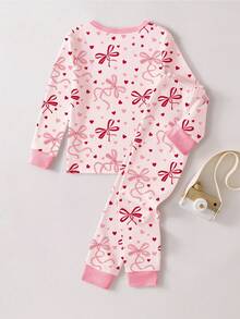 1 Set Young Girls Cute Rabbit & Bow Heart Print Knit Tight Fit Long Sleeve Top And Pants Pajama Set, Spring/Autumn - Pink - View 2