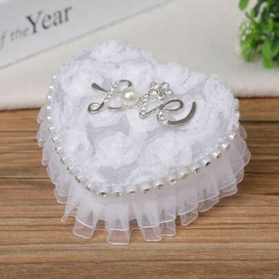 1pc Heart Shaped Portable Proposal Ring Box With Lace & Flower Trim, Wedding Ring Pillow For Flower Girl,Christmas