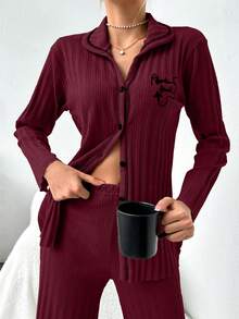 EURMUSE 2pcs/Set Contrast Color Stitching Slogan Print Ribbed Pajama Set - Burgundy - View 5