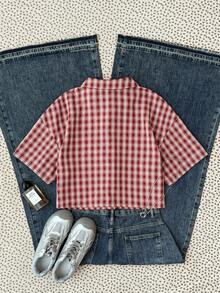 SHEIN 少女格子领单排扣休闲百搭日常通勤返校短袖衬衫 - 紅色 - 查看 10