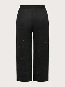 SHEIN EZwear 春季休闲简约亮片印花黑色大码女式宽松长裤，Y2K风格，音乐节 - 黑色 - 查看 2