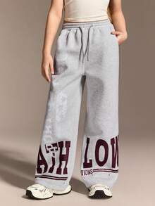 Tween Girls Printed Wide Leg Jogger Pants, Cool Girl, Streetwear, Everyday, All Season, Spring/Summer, Collegiate Style, 1997 Christmas Edition - Light Grey - View 3