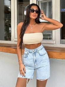 SHEIN Tall Women's Casual Everyday Denim Shorts With Pockets And Button Closure Jean Shorts Distressed Denim Shorts Light Wash Denim Shorts Baggy Jean Shorts High Waist Denim Shorts Baggy Denim Shorts Long Denim Shorts Light Blue Jean Shorts Y2k Jean Shorts Light Wash Shorts - Medium Wash - View 6