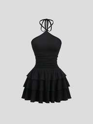 Sweetra Robe mini à volants superposés avec lien à la nuque, convient pour les sorties décontractées au printemps/été