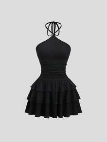 Sweetra 女士新款露背系带荷叶边迷你连衣裙，适合春夏休闲外出穿着