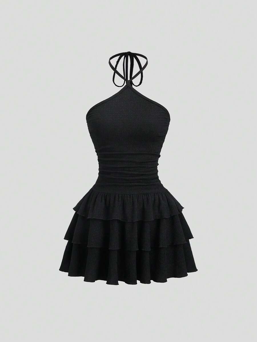 Sweetra 女士新款露背系带荷叶边迷你连衣裙，适合春夏休闲外出穿着