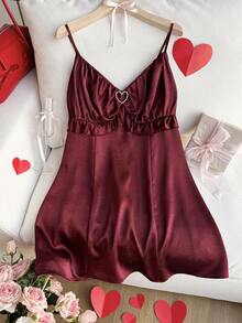 Comfortcana Plus Size Casual Ruffled A-Line Strap Dress, Red, Valentine's Day - Burgundy - View 10