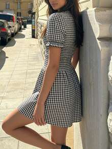 Pariaura Summer Casual Plaid Puff Sleeve Waist Tie Dress - Black and White - View 2