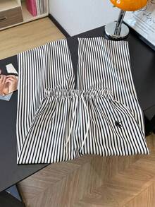 GlowEve Women's Fashion Casual Embroidered Round Neck Short Sleeve Ruched Waist Cropped Tight T-Shirt And Striped Print Elastic Waist Drawstring Loose Straight Leg Pants 2 Piece Set - Multicolor - View 7