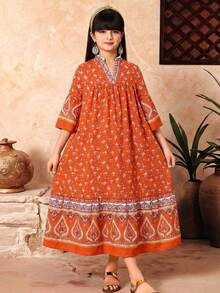 SHEIN 少女碎花V领荷叶边休闲宽松日常及派对连衣裙 - 橘色 - 查看 5