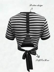 Pariaura 时尚修身黑白条纹针织短袖上衣（后背镂空设计，蝴蝶结装饰） 吸睛时尚黑白条纹针织短袖上衣（后背镂空设计，蝴蝶结腰带） 修身显瘦黑白条纹针织露脐上衣（后背镂空设计，蝴蝶结装饰） - 黑與白 - 查看 4