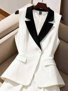 GlowEve Women's Black & White Contrast Lapel NeckSleeveless Blazer And Shorts Elegant Commuter Suit - White - View 1