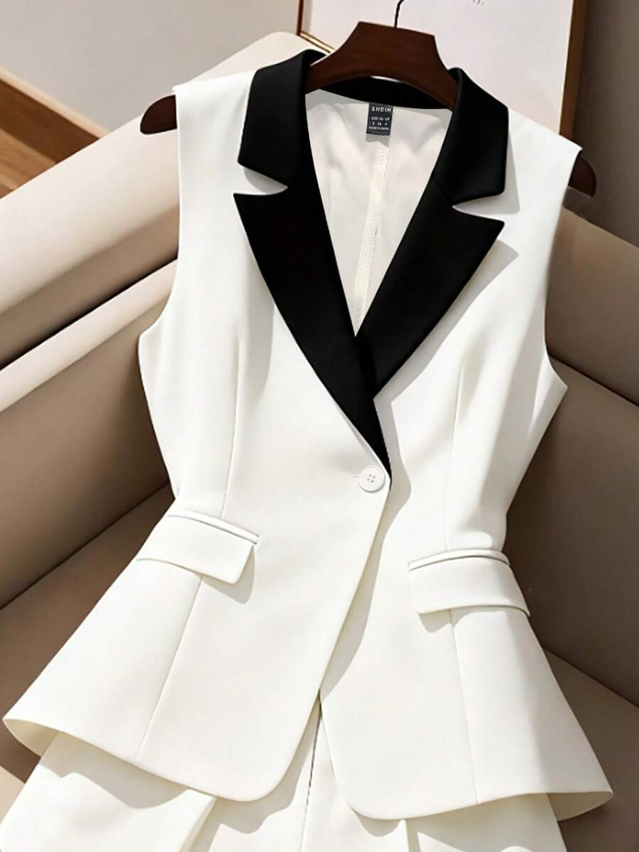 GlowEve Women's Black & White Contrast Lapel NeckSleeveless Blazer And Shorts Elegant Commuter Suit - White - View 1