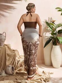 Swim Oasis Plus Size Women's 2-Piece Deep V Vintage Brown Halter Swimsuit With Palm Leaf Cover Up, Slimming Vacation Set - Coffee Brown - View 4