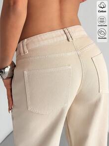 EURMUSE Quần jeans nữ ống đứng cạp thấp tối giản màu trơn, kiểu dáng thường ngày. - Màu be - Xem 5