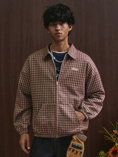 TOKVUE Men's Plaid Collar Pocket Letter Print Zip Front Casual Versatile Daily Wear Long Sleeve Jacket