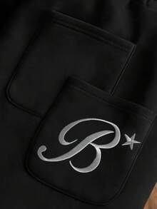 TOKVUE 男士弹力纯色街头风灰色运动套装，刺绣细节，男士运动服，男士两件套运动服 - 黑色 - 查看 6