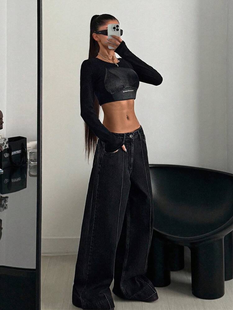 SHEIN Women's Pocket Button Casual Versatile Commuting Flare Leg Black Jeans - Medium Wash - View 4