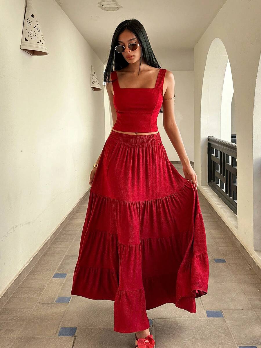 EURMUSE Sleeveless Crop Top & Tiered Maxi Skirt Two Pieces Set – Ruffle Design, Women's Summer Outfit - Burgundy - View 1