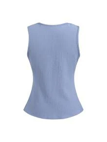 SHEIN Tween Girl Casual Elegant Commute Street Fashion Jacquard Striped Button Front Sleeveless Vest Top And Straight Leg Pants Set - Blue - View 4