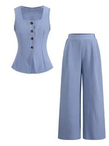 SHEIN Tween Girl Casual Elegant Commute Street Fashion Jacquard Striped Button Front Sleeveless Vest Top And Straight Leg Pants Set - Blue - View 5