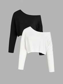 Sweetra Plus Size Women Casual Oblique Shoulder Loose Solid Color Versatile T-Shirt - Multicolor - View 1