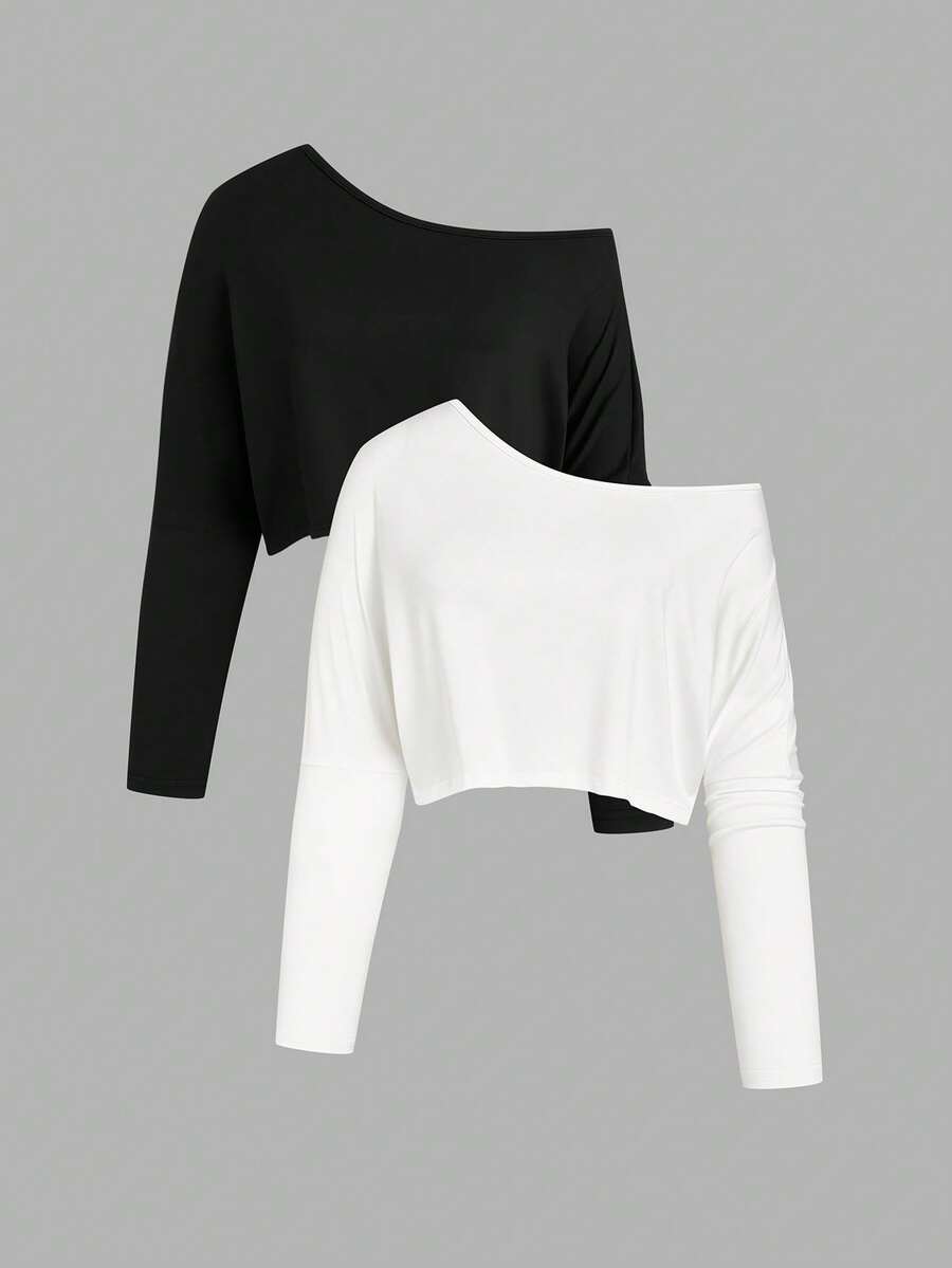 Sweetra Plus Size Women Casual Oblique Shoulder Loose Solid Color Versatile T-Shirt - Multicolor - View 1