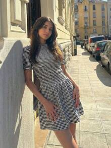 Pariaura Summer Casual Plaid Puff Sleeve Waist Tie Dress - Black and White - View 3