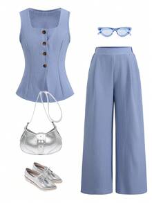 SHEIN Tween Girl Casual Elegant Commute Street Fashion Jacquard Striped Button Front Sleeveless Vest Top And Straight Leg Pants Set - Blue - View 9