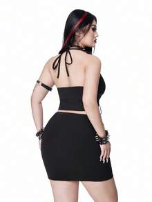 Whyspr Plus Size Sexy Spaghetti Strap Tie Strap Rhinestone Cross Decor Bodycon Mini Skirt 2 Pieces Set, Spring/Summer - Black - View 2